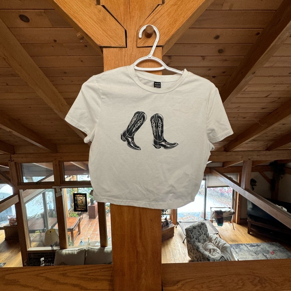 White T-Shirt with Black Cowboy Boots Graphic